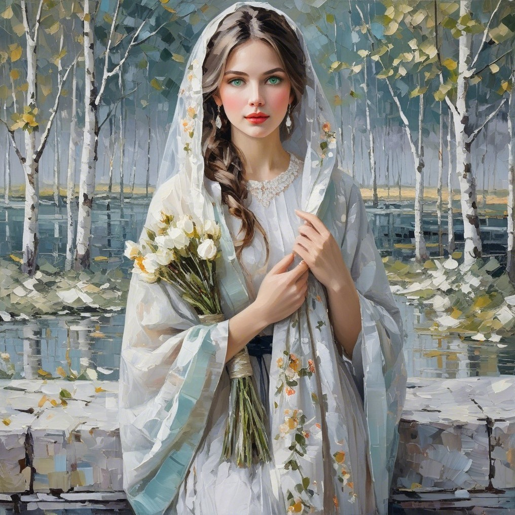 Young Woman in Elegant White Dress with Floral Shawl