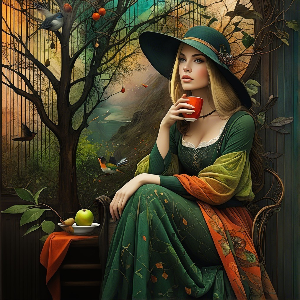 Serene woman in green dress surrounded by nature