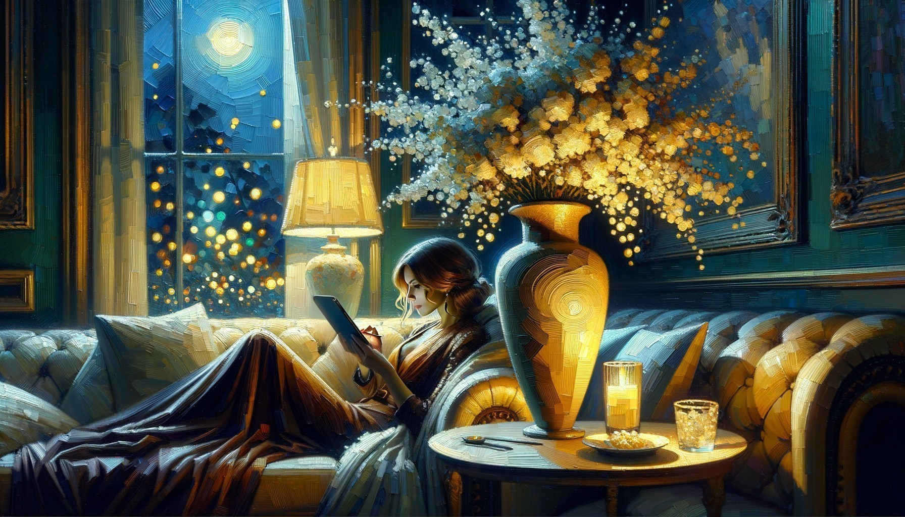 Serene Evening Scene of Woman Relaxing Indoors
