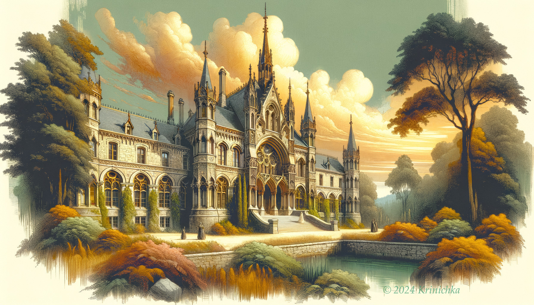 Ornate castle surrounded by autumn trees and moat