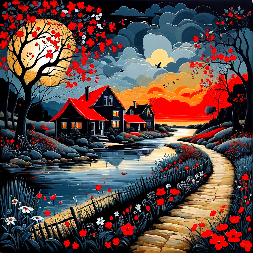 Serene Dusk Landscape with Cozy Houses and River