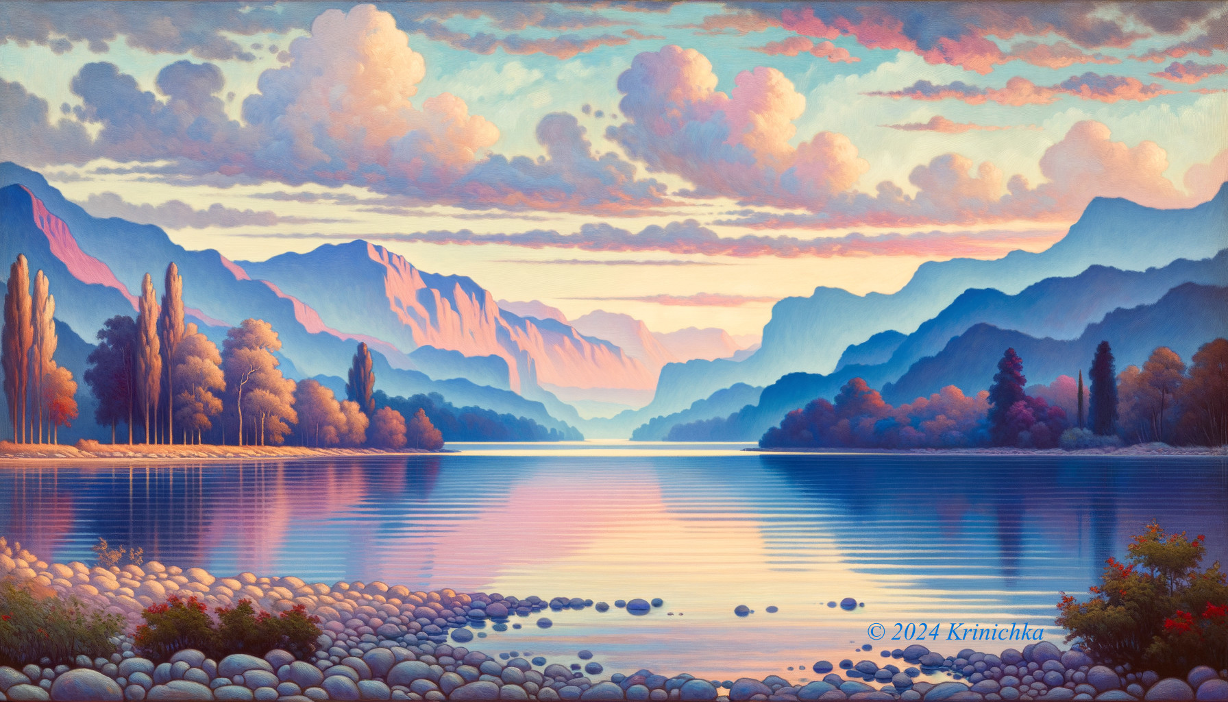 Tranquil landscape painting of a sunset lake scene