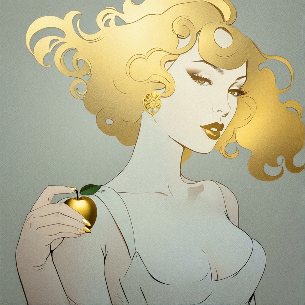 Glamorous Woman with Golden Hair and Apple Artwork