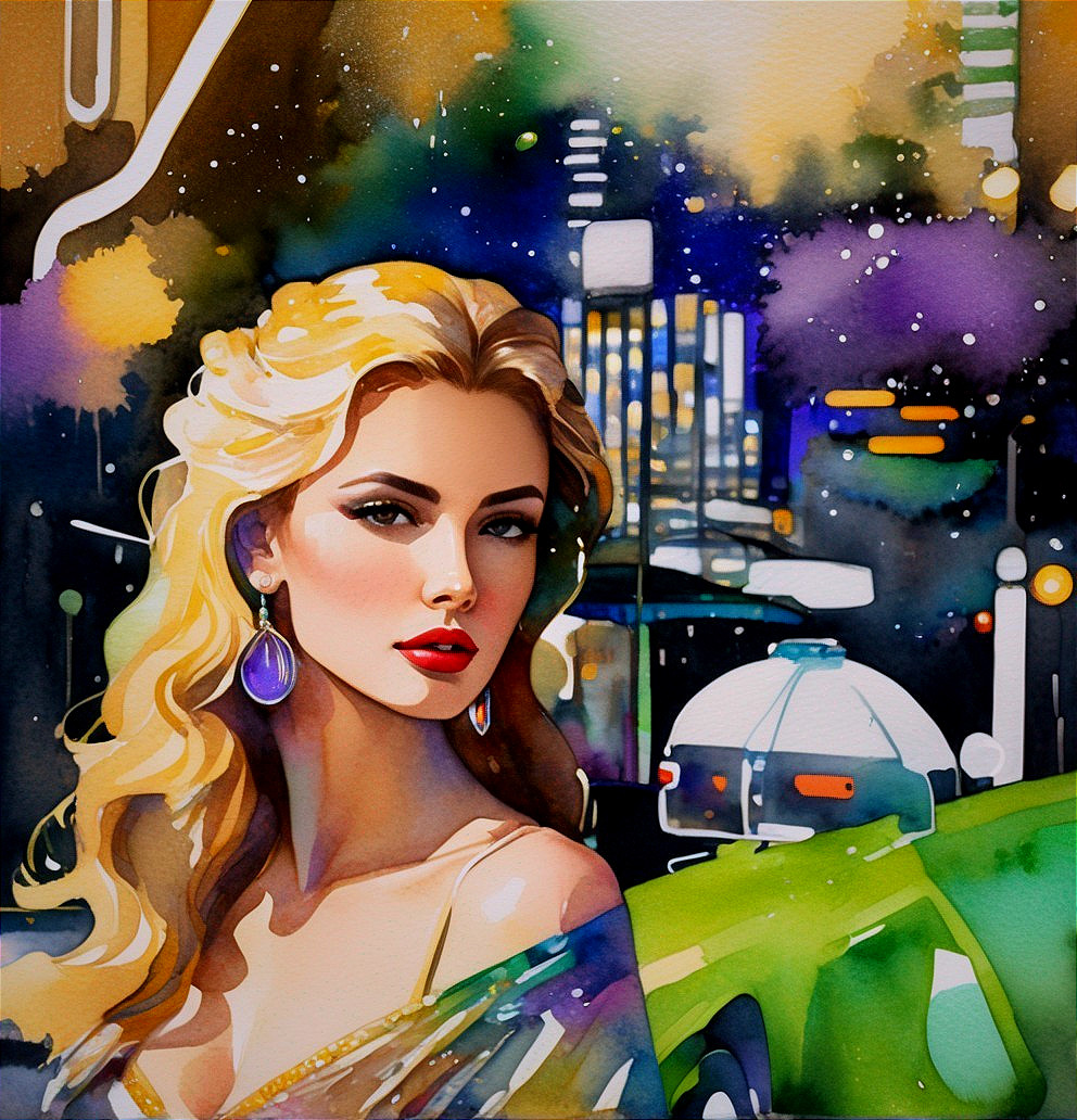 Blonde woman portrait with purple earrings in abstract cityscape