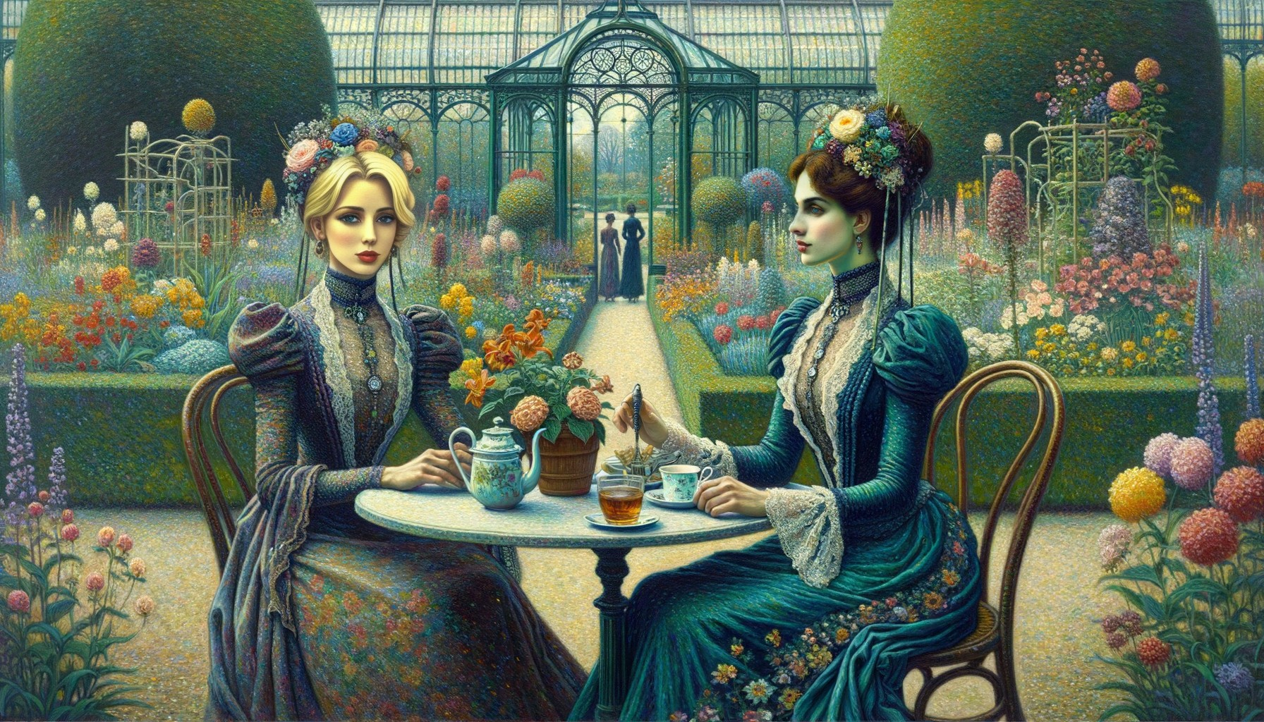 Victorian Women Enjoying Tea in a Garden Setting