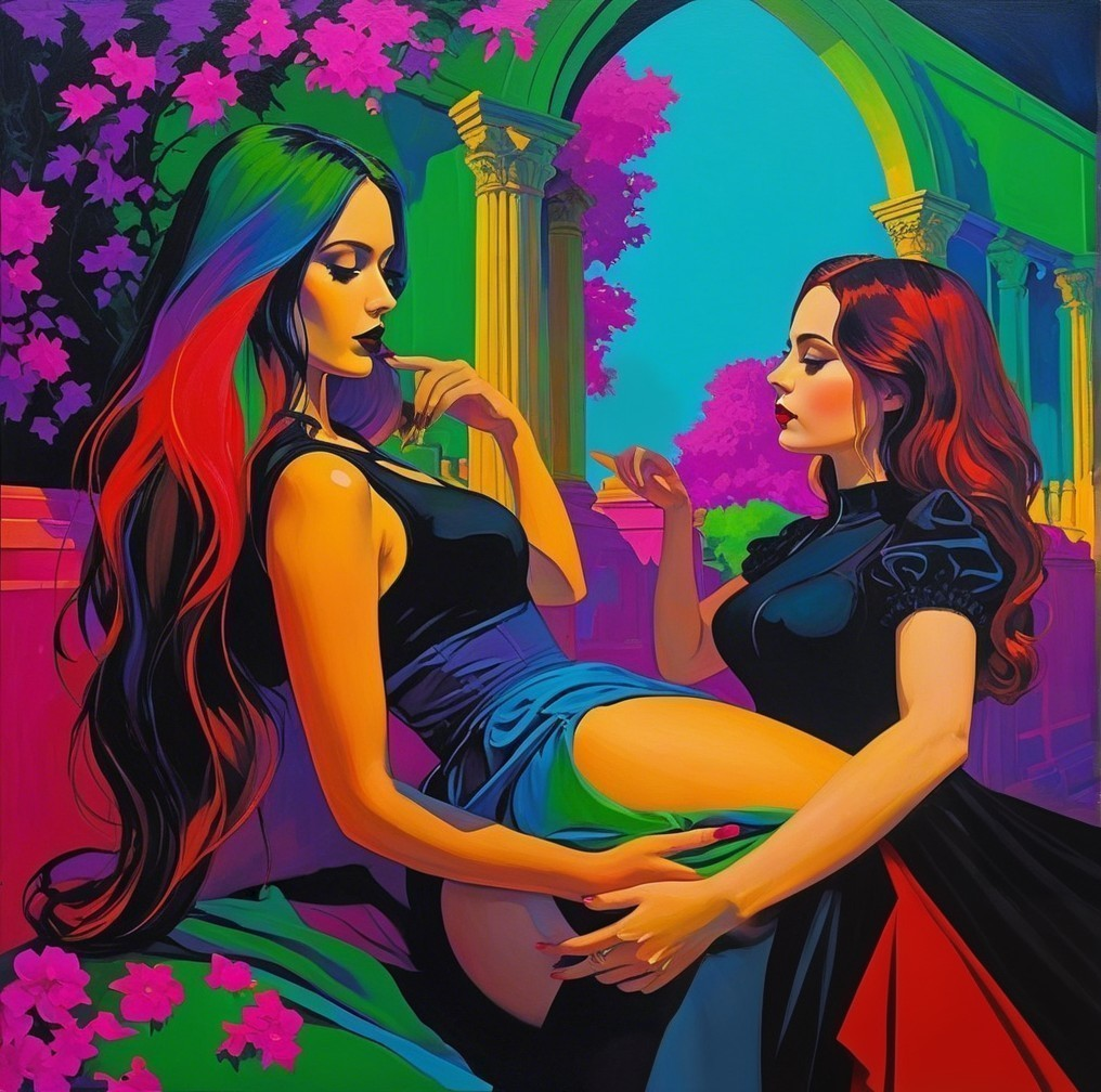 Women in Surreal Setting with Colorful Flowers