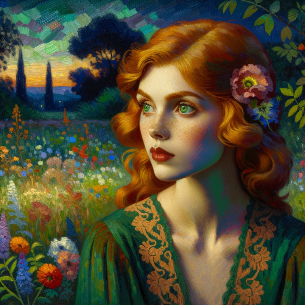 Young Woman in Flowered Garden at Sunset