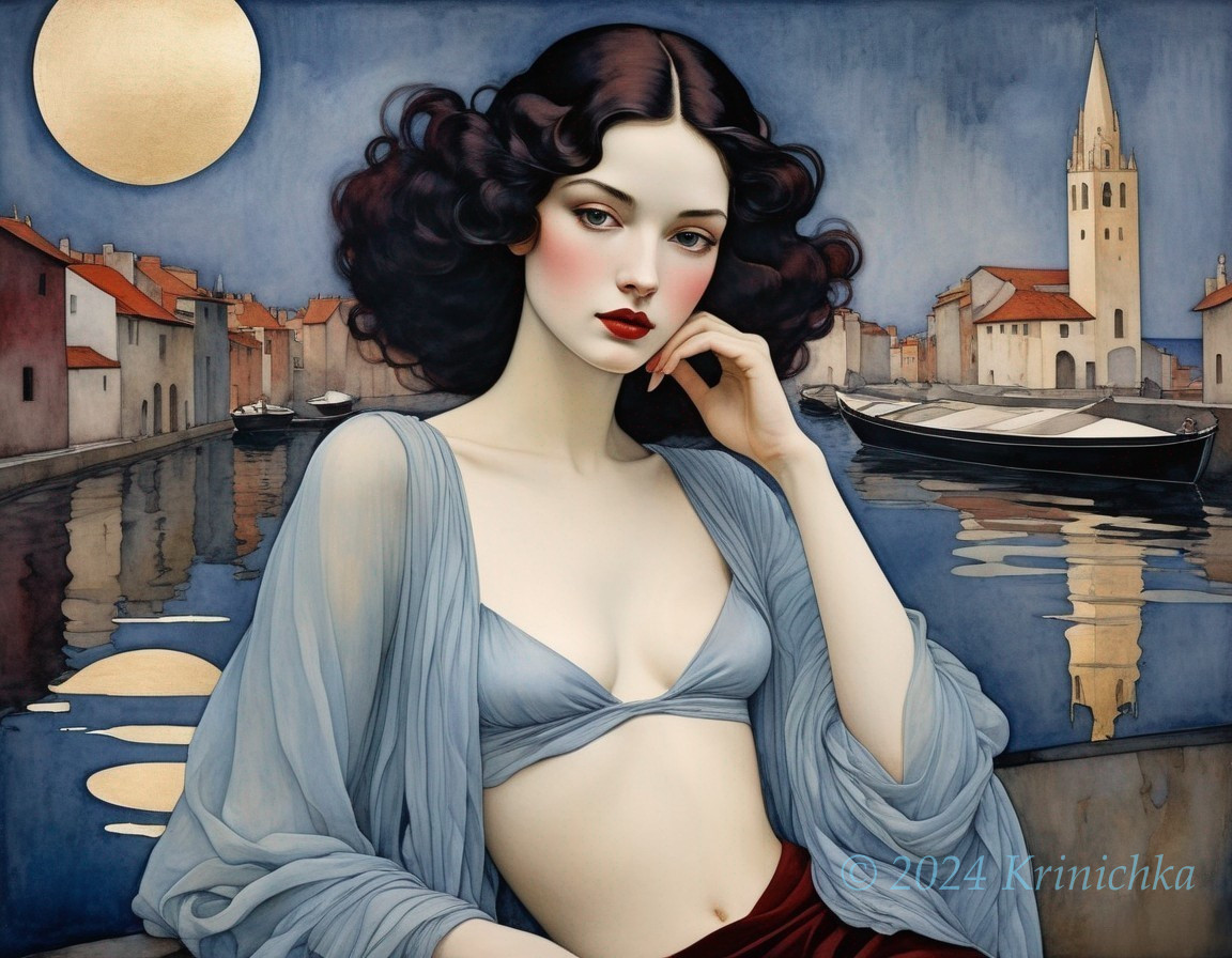 Stylized Illustration of a Woman by a Canal at Night