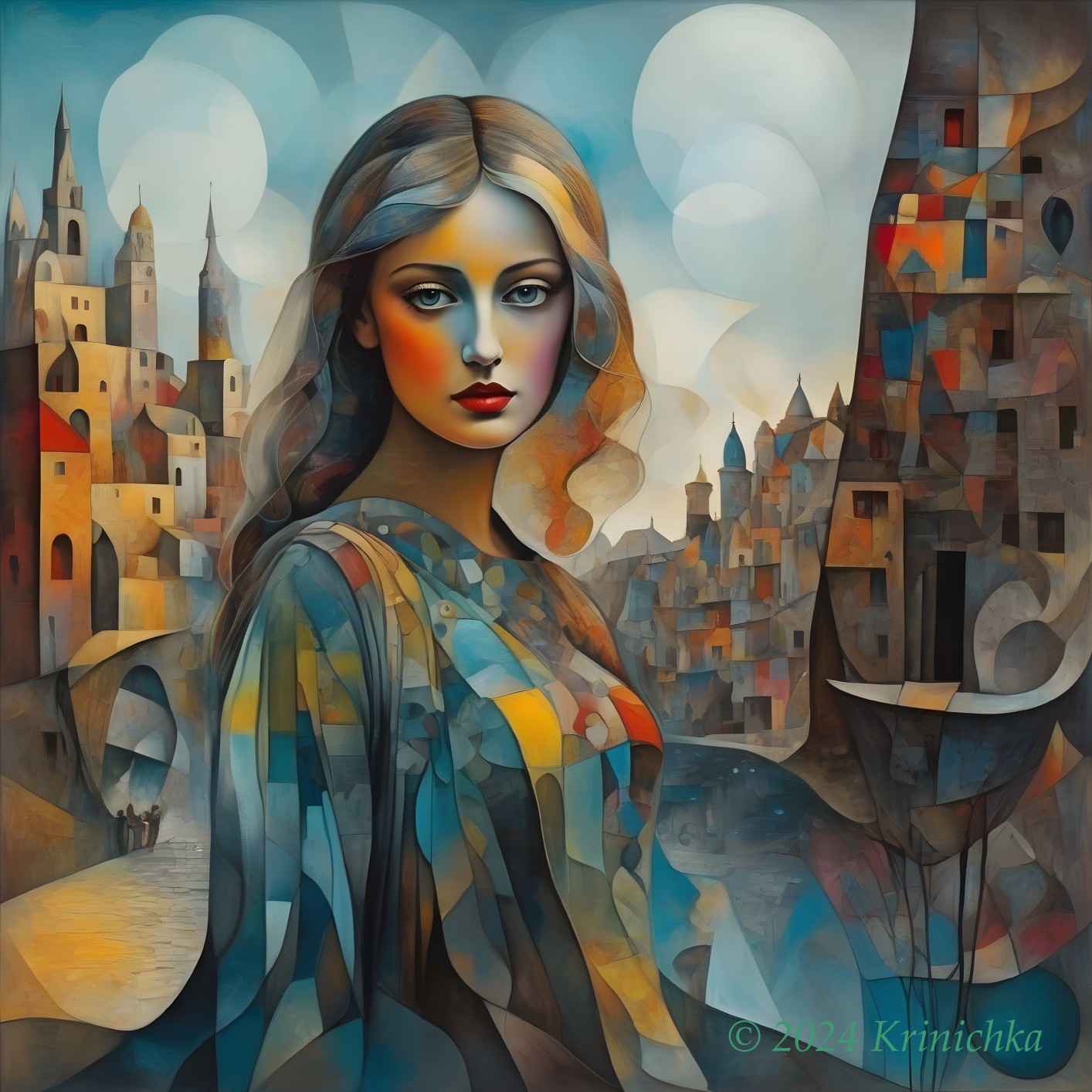 Colorful stylized woman in contemplative expression against surreal medieval city backdrop