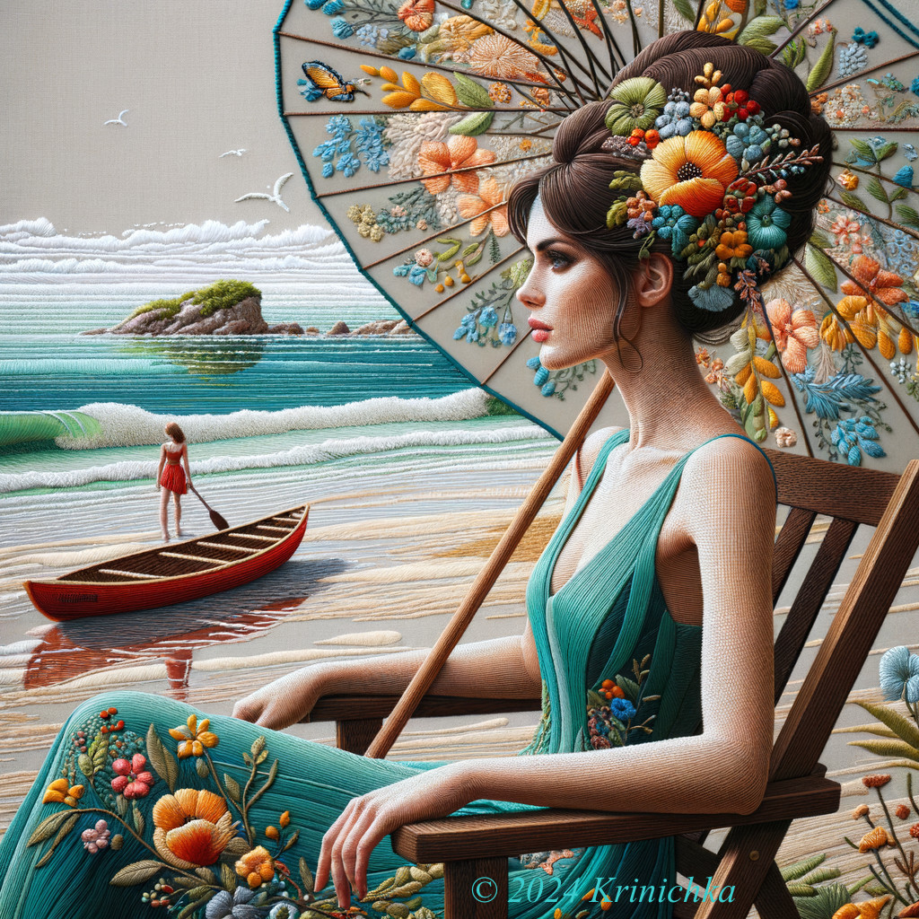 Embroidered Scene of Woman on Beach Chair with Parasol