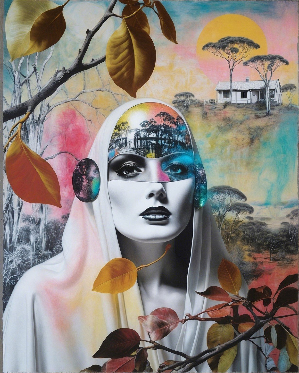 Female Figure in White Hood with Colorful Landscape