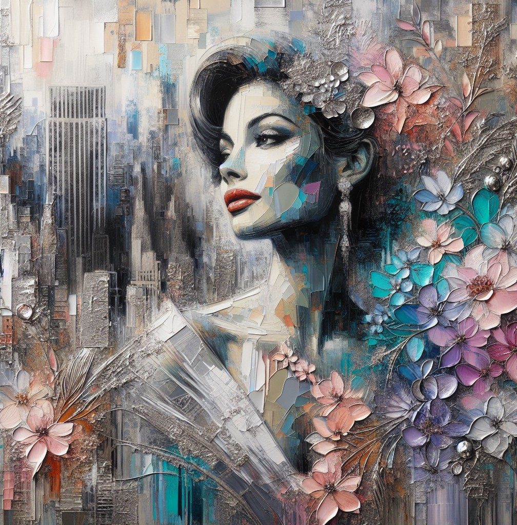 Stylized Portrait of Woman with Cityscape and Flowers