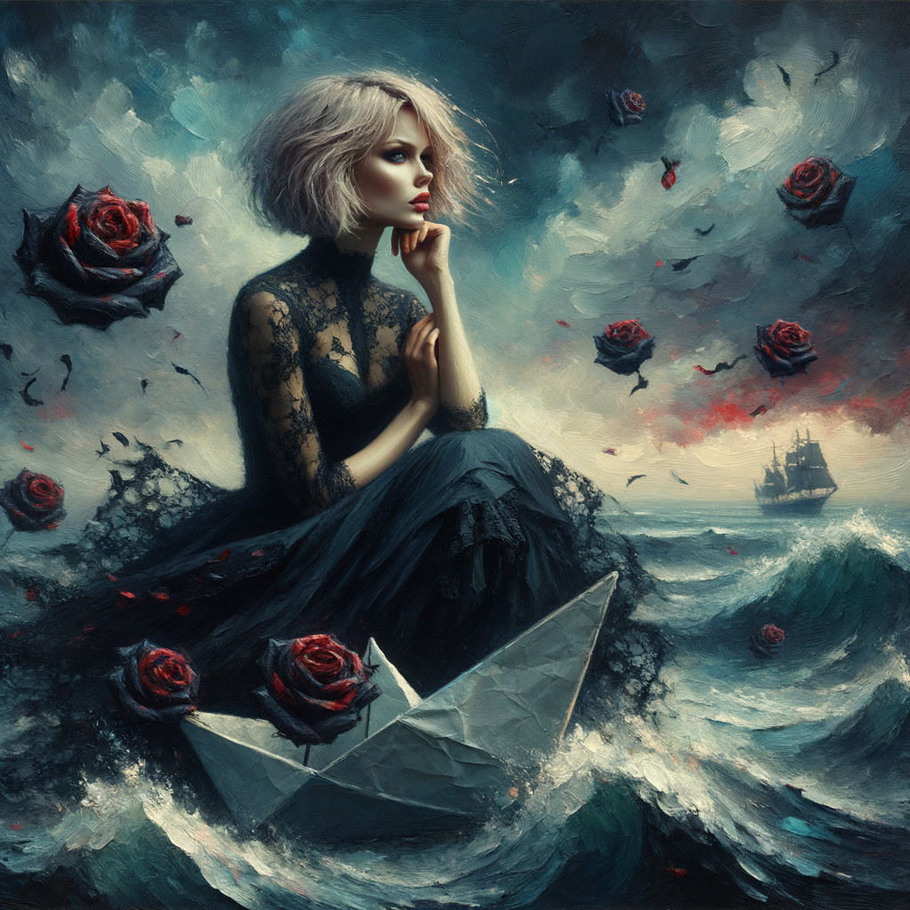 Contemplative Figure in Black Gown on Paper Boat
