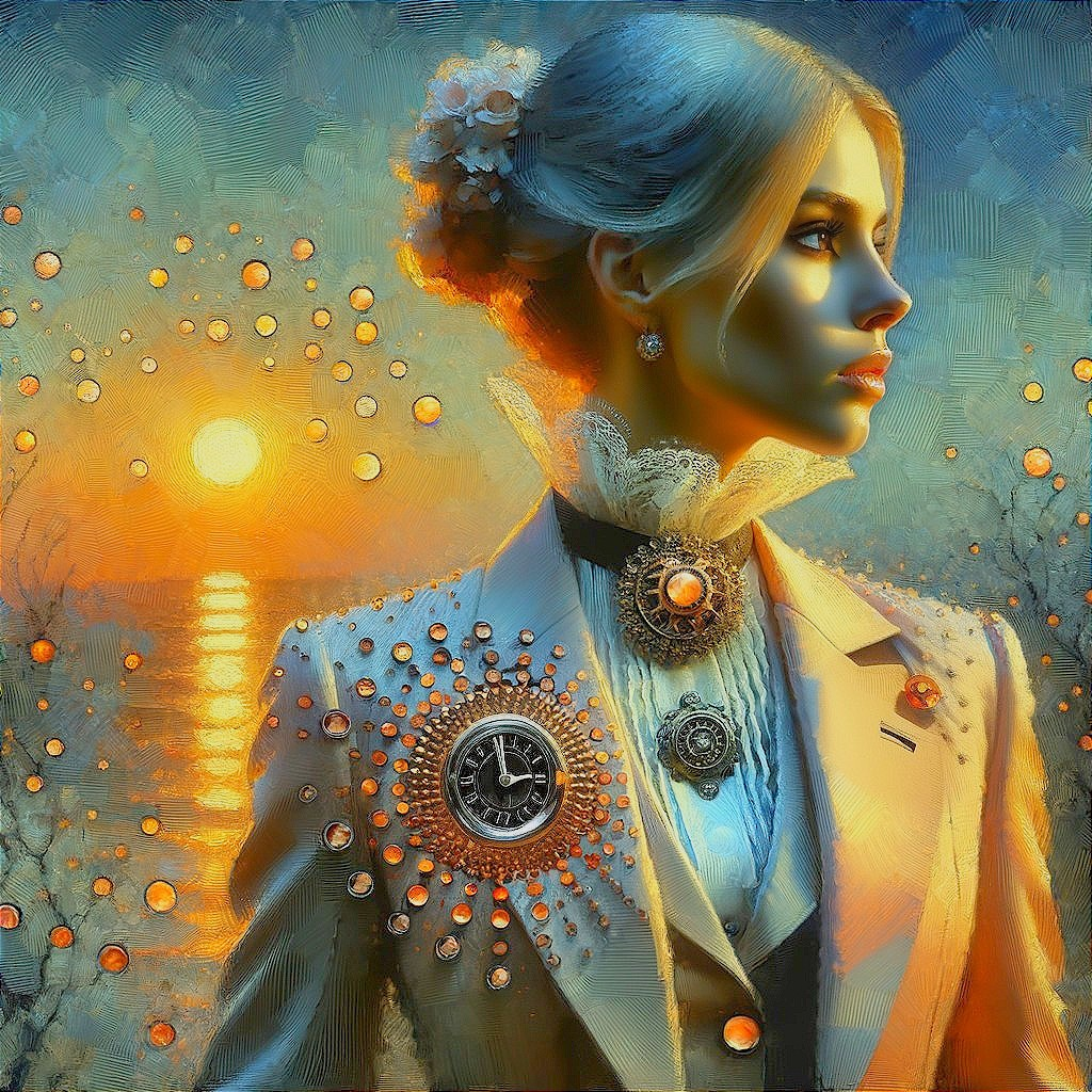 Elegant Woman in Ornate Suit Against Sunset Background