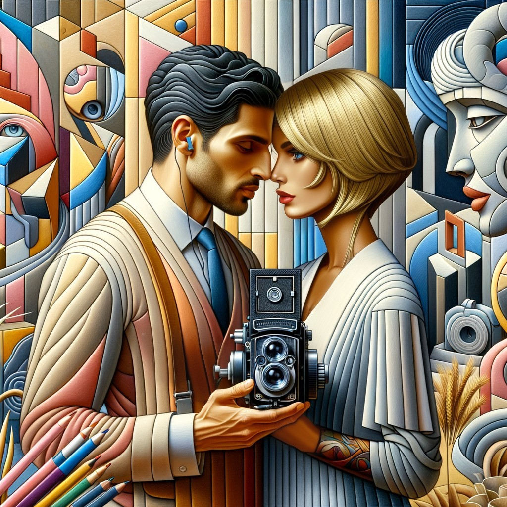 Vintage camera man and woman touch foreheads in art deco backdrop.