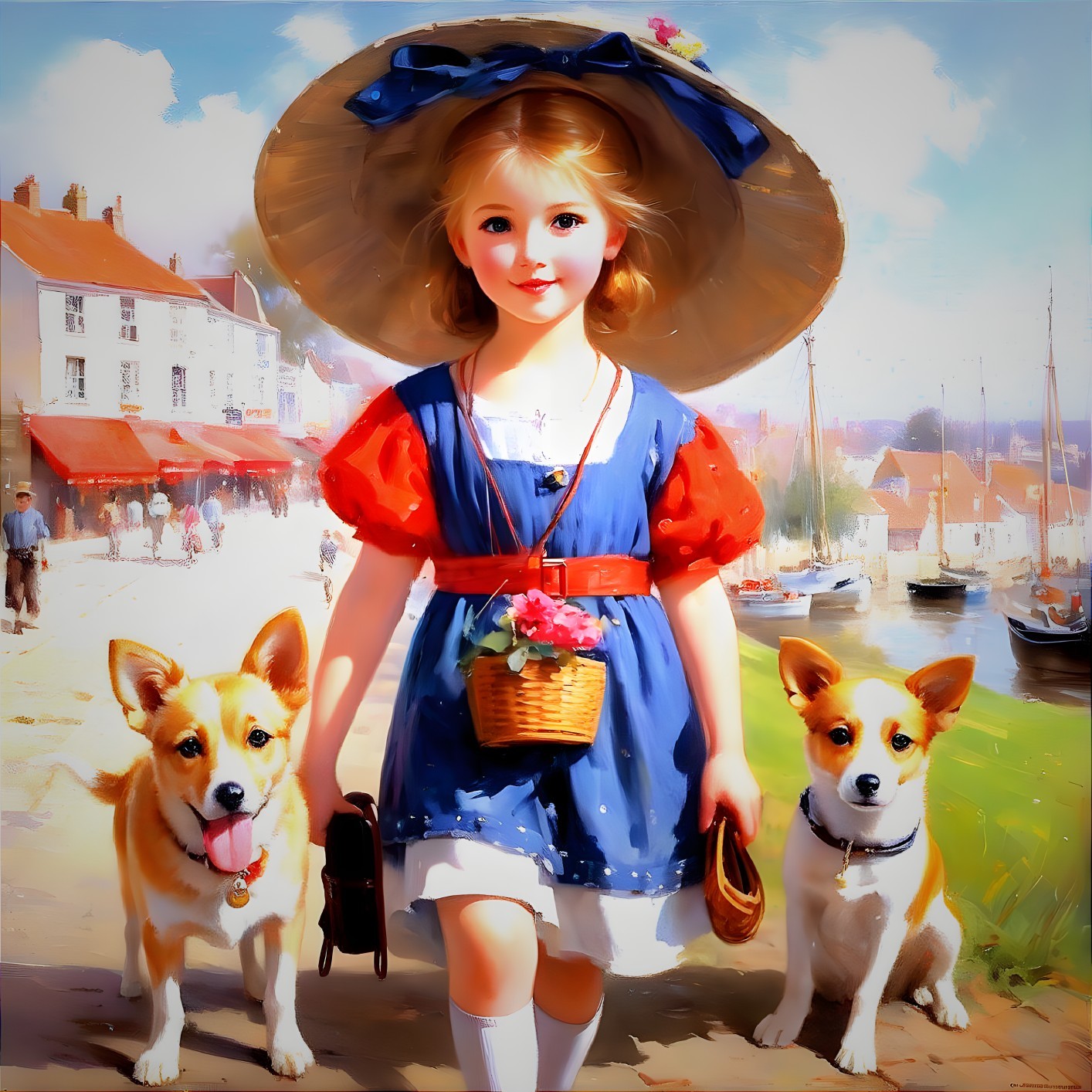Young girl in large hat with Corgi dogs in sunny harbor.