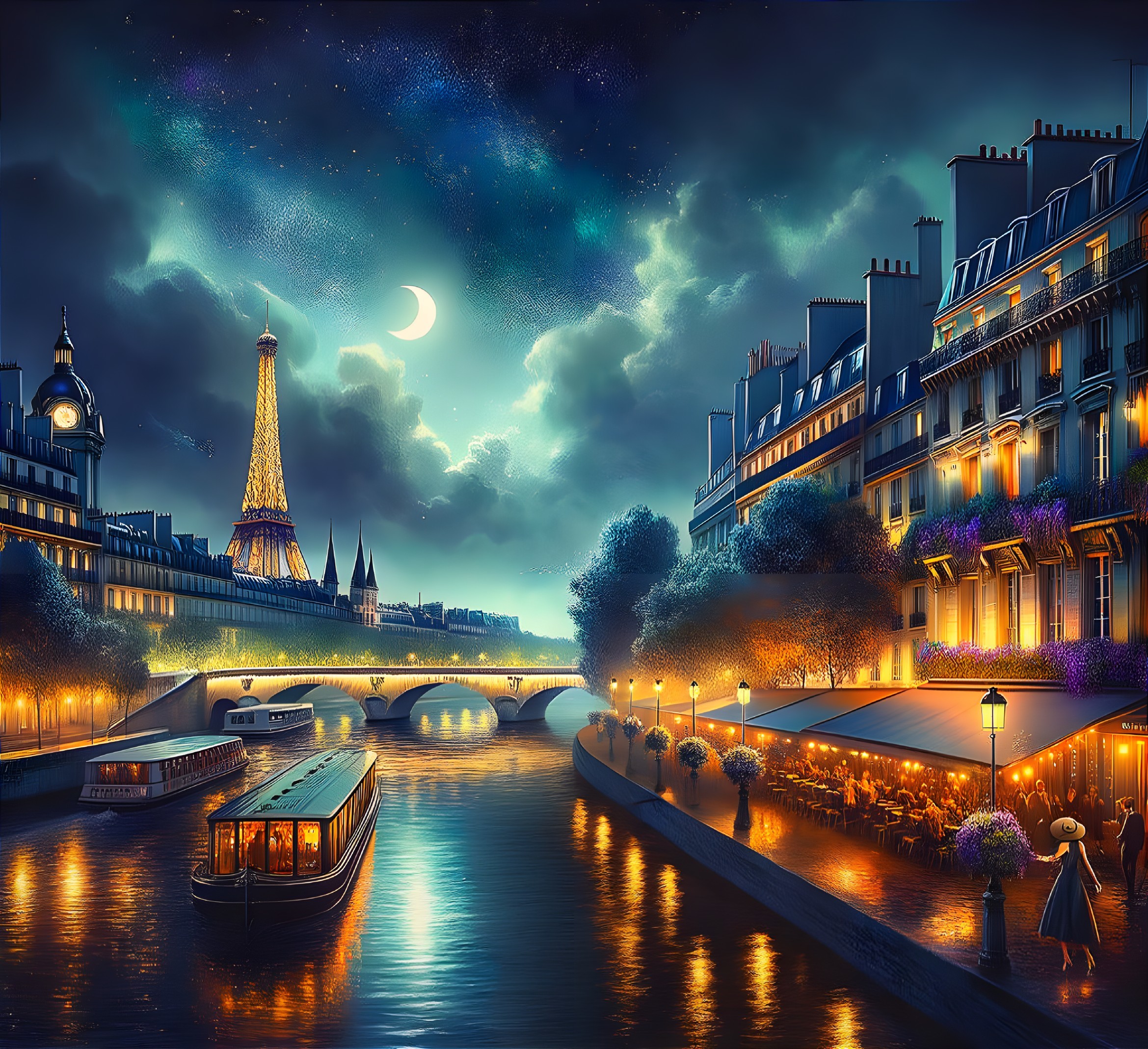Digital art: Parisian evening with Eiffel Tower, Seine River, boat, starry