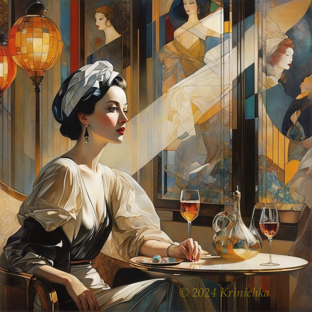 Vintage Attire Woman at Table with Wine and Art
