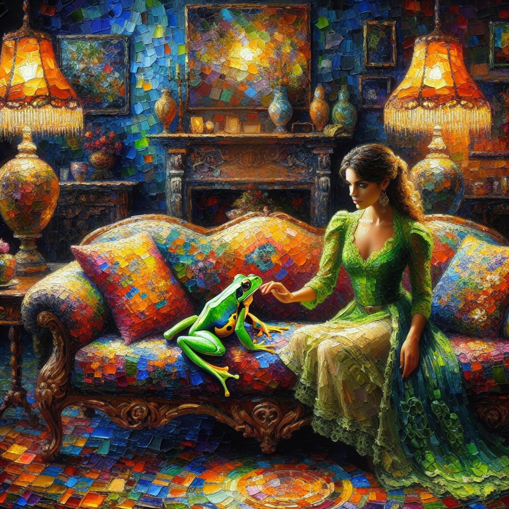 Whimsical Room with Woman, Frog, and Colorful Art