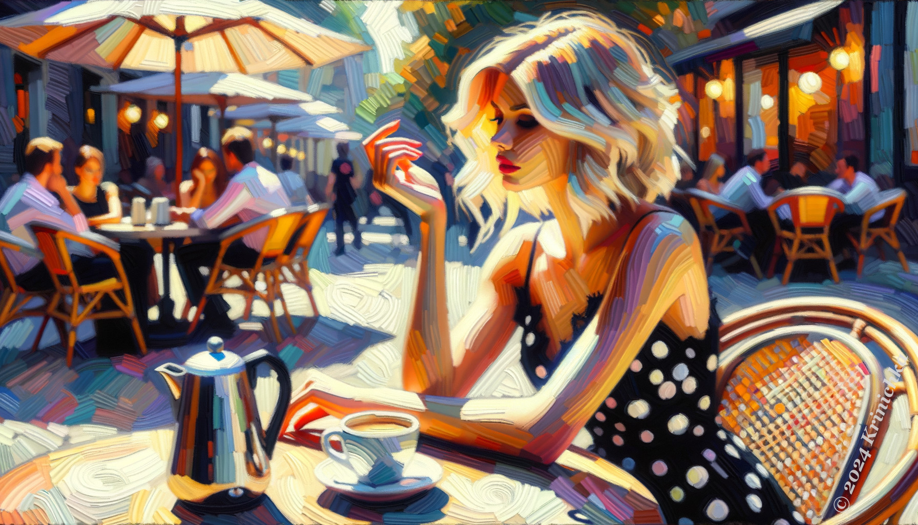 Stylish Woman at Café in Vibrant Impressionistic Scene