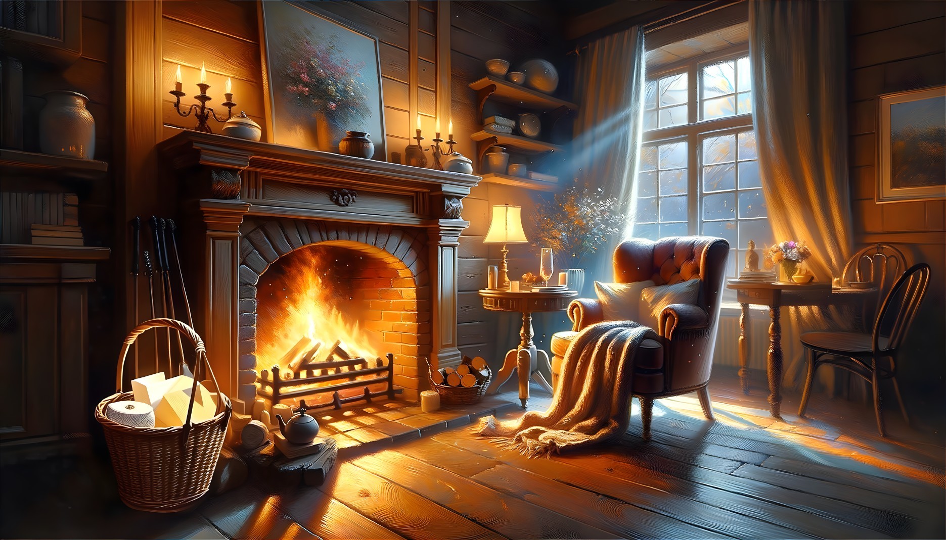 Cozy Room with Fireplace and Warm Lighting