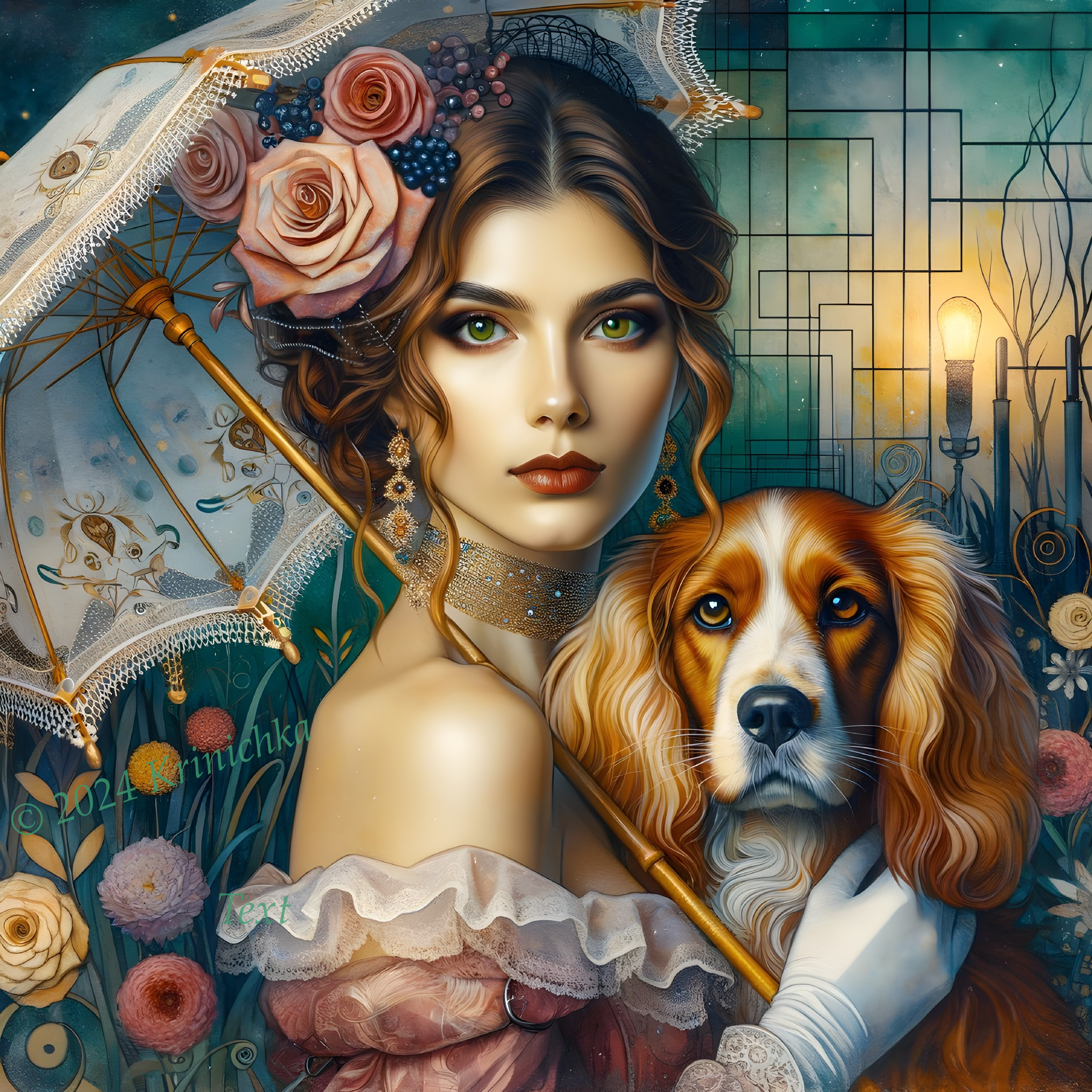 Digital artwork: Woman with green eyes and flowers holding Spaniel in nature-themed geometric background