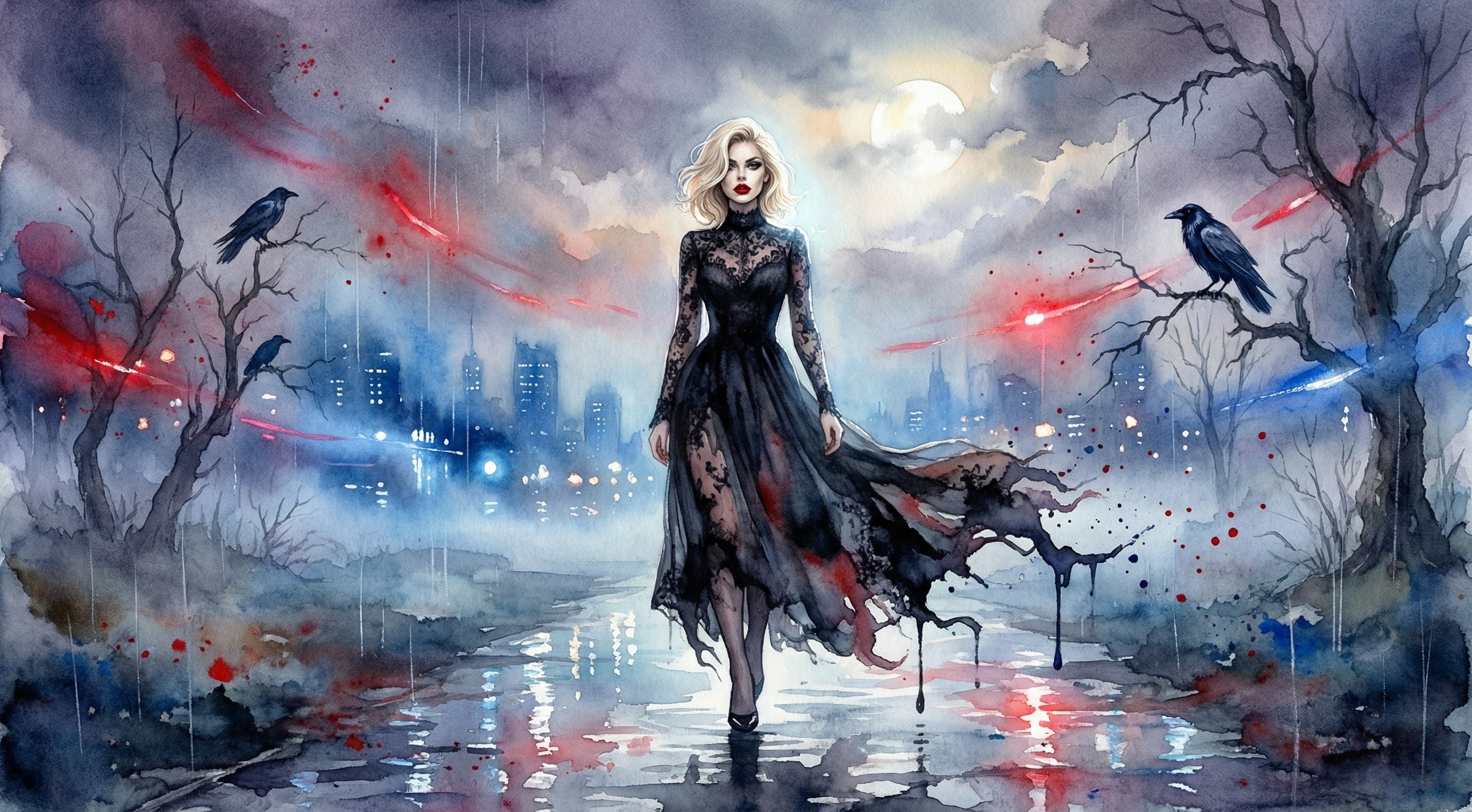 Watercolor Painting of a Woman in a Foggy City Scene