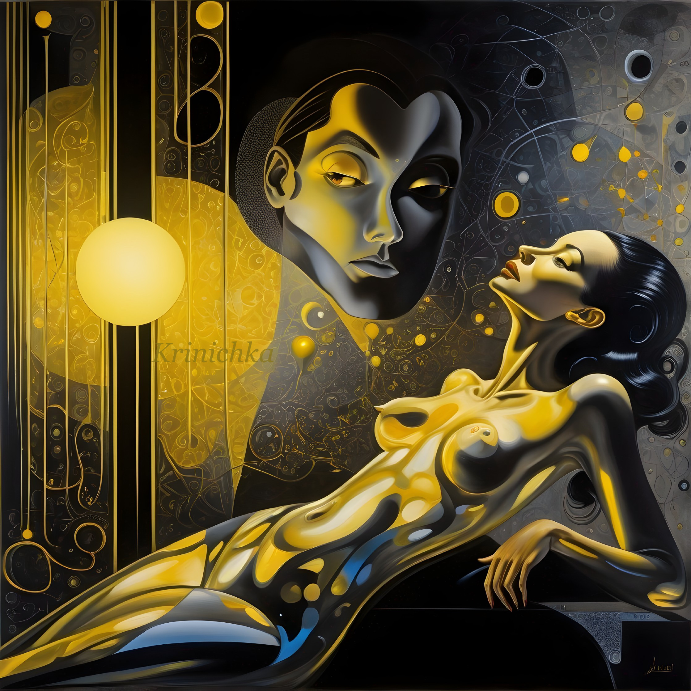 Abstract surreal artwork: stylized elongated couple in golden orbs and celestial motifs