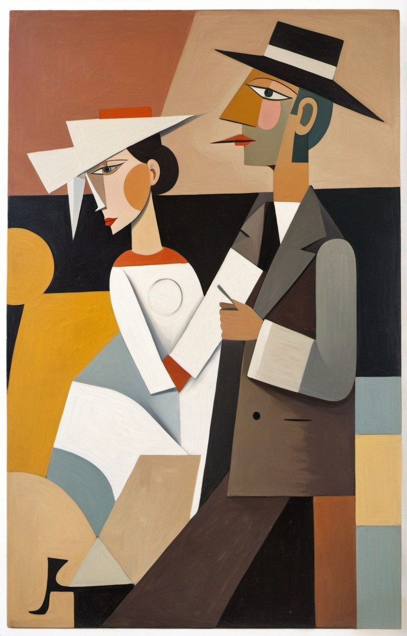 Abstract painting of man and woman in formal attire with angular features and geometric background