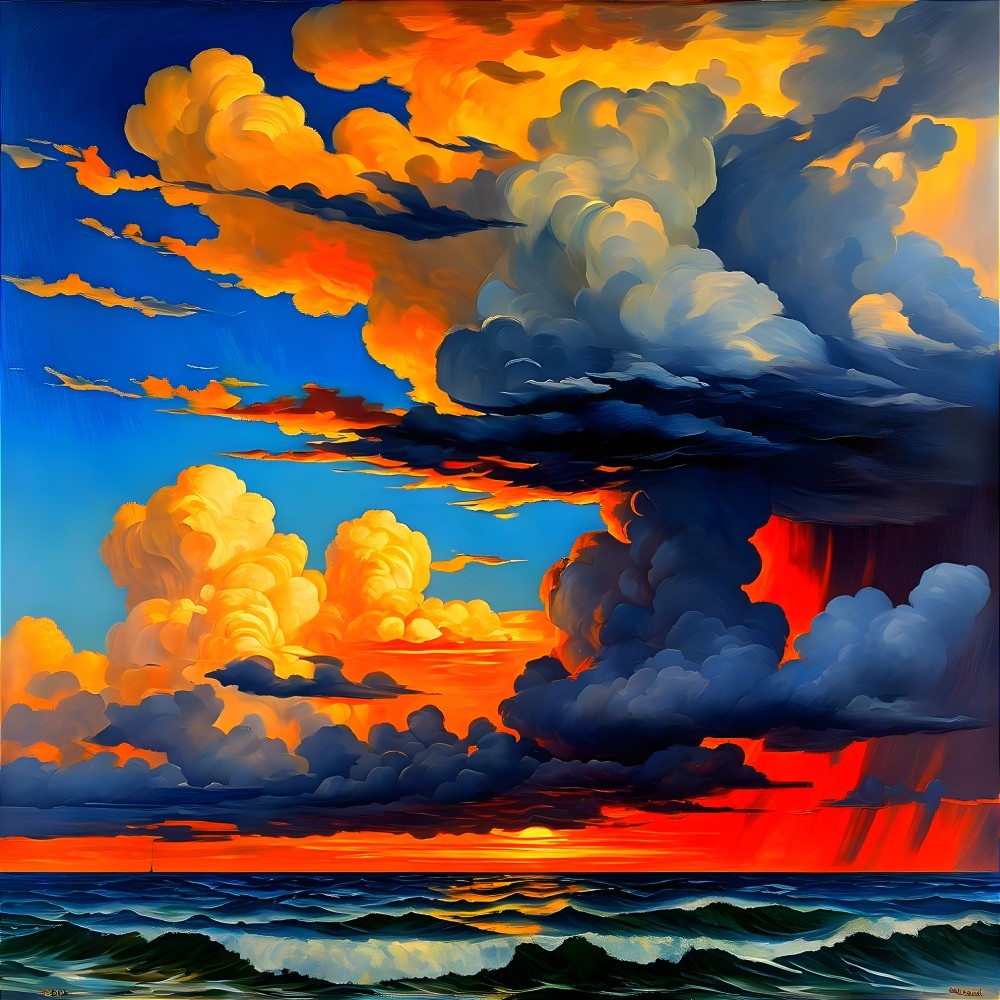 Dramatic sunset painting with cumulus clouds over tumultuous ocean