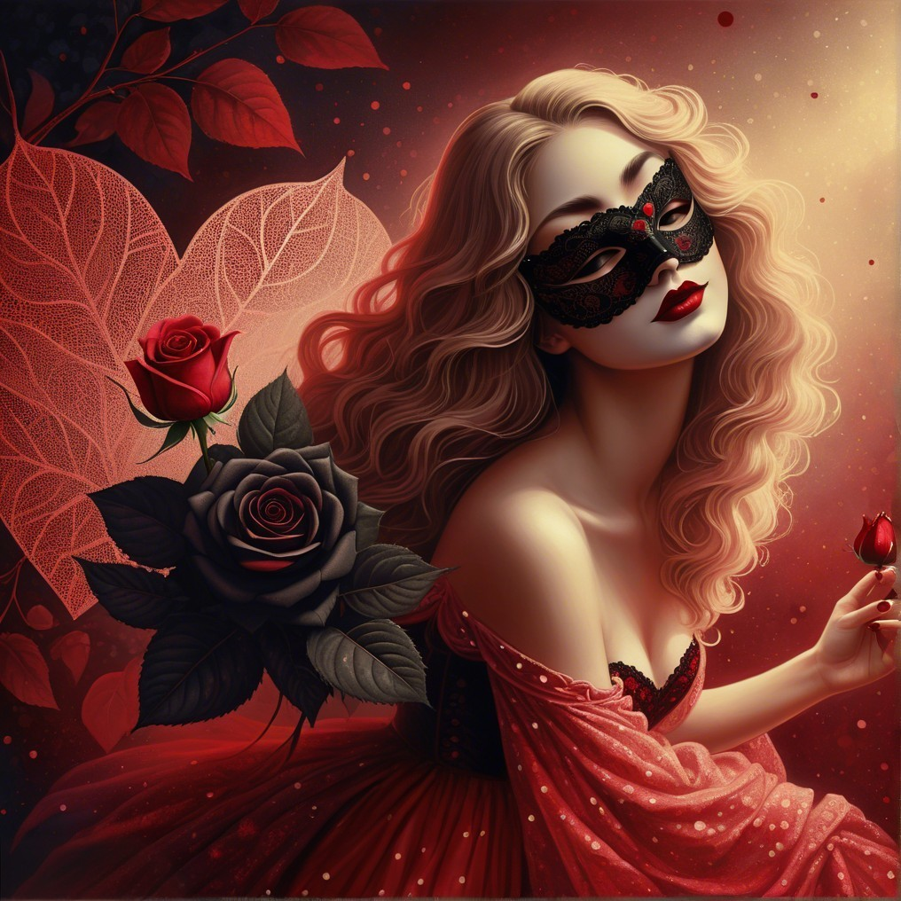 Vibrant Red Figure with Lace Mask and Roses