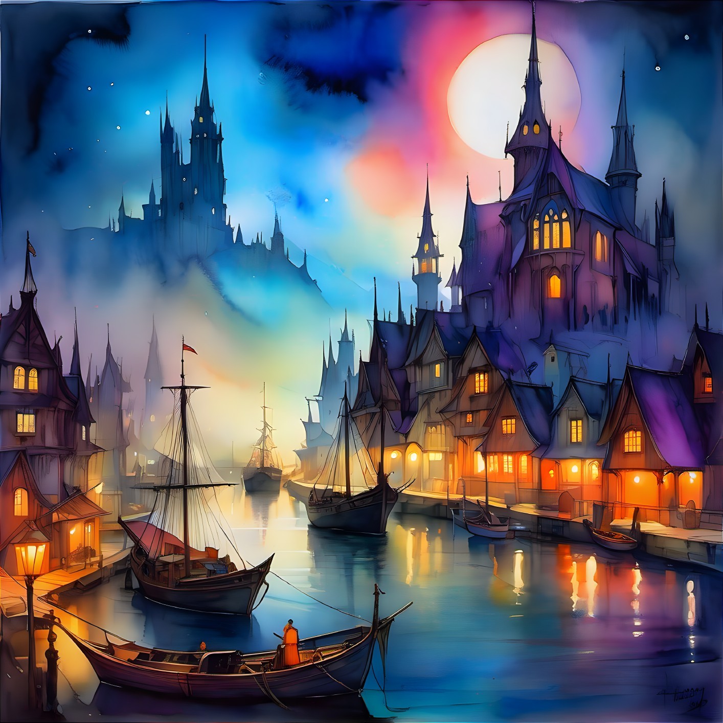 Fantasy harbor scene at dusk with illuminated buildings, ships, moon, and person in boat