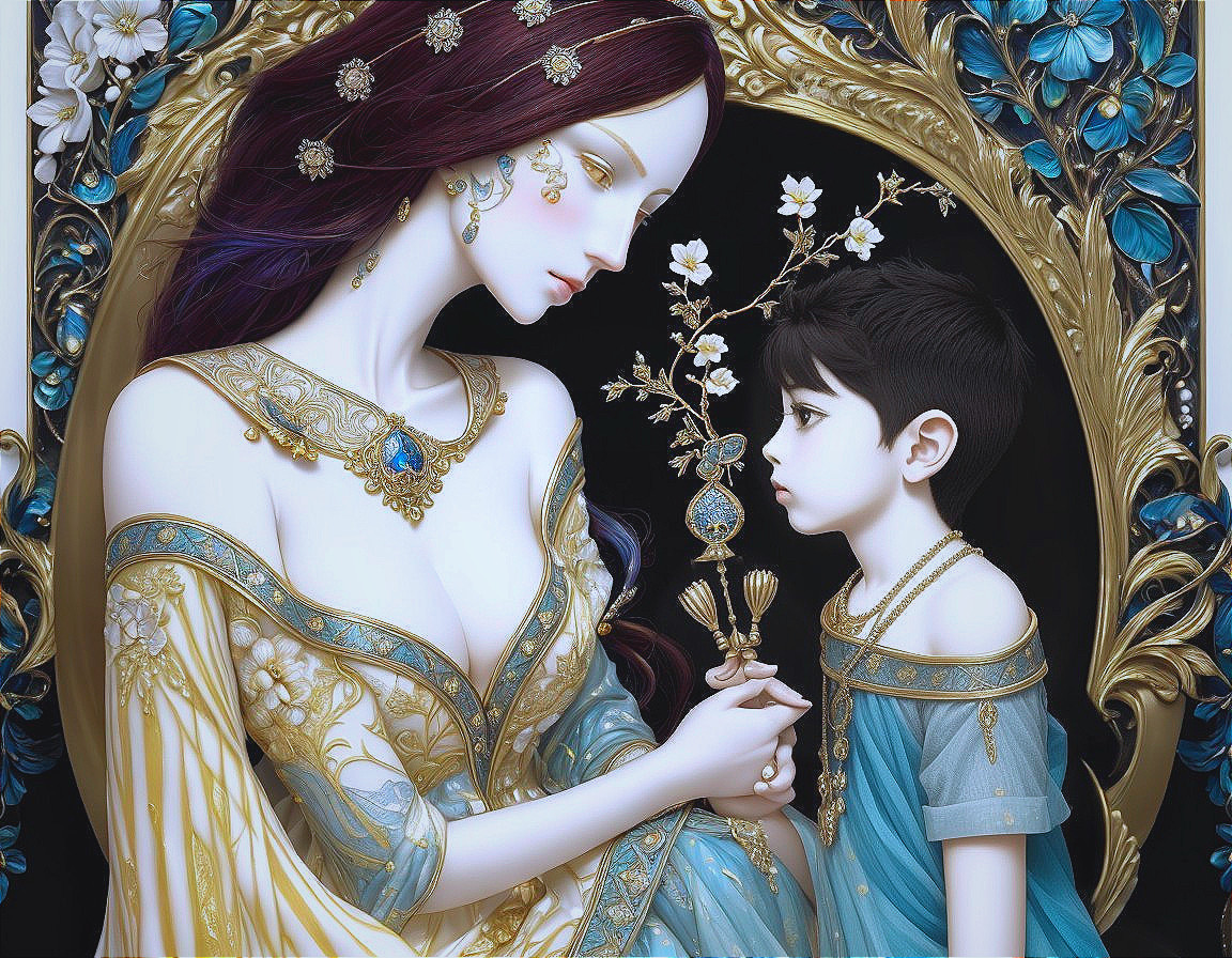 Fantasy-style illustration: Red-haired woman and boy in ornate attire on floral backdrop