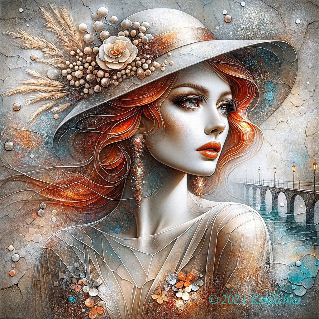 Vibrant digital portrait of a woman with red hair and decorated hat