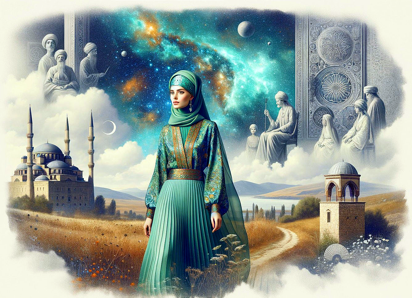 Woman in Green Dress Amid Nature and History Elements