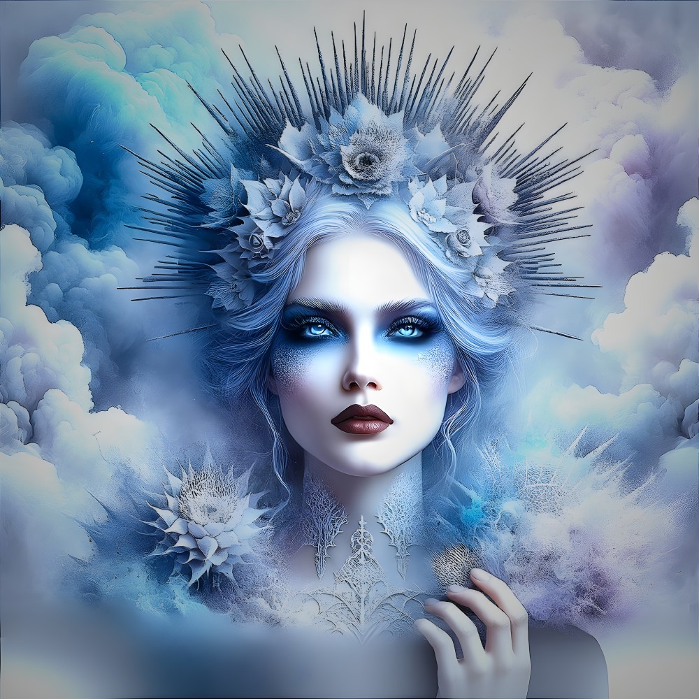 Fantasy-inspired image: Blue-skinned figure with floral crown in blue cloud setting