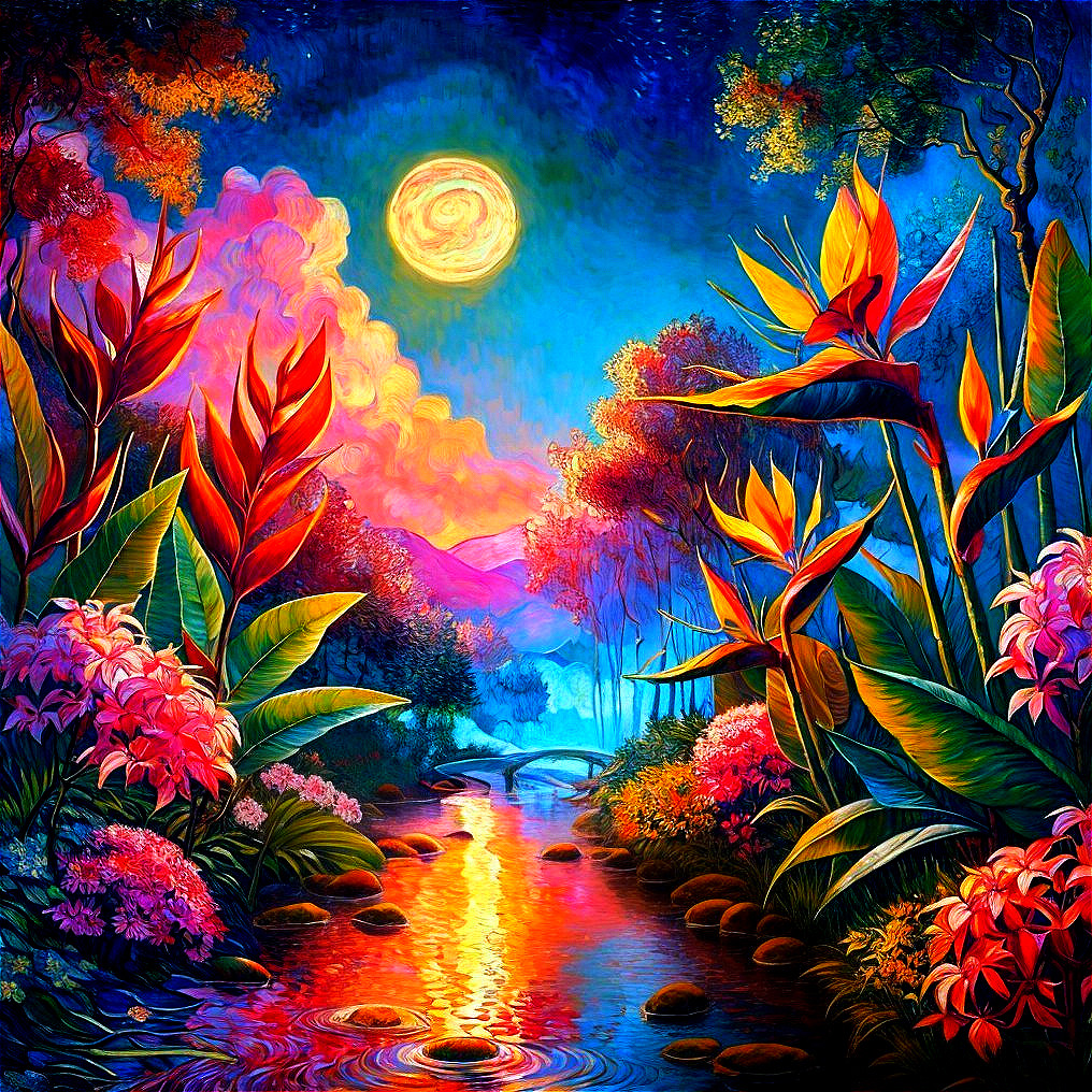 Vibrant landscape with river, moon, and tropical plants