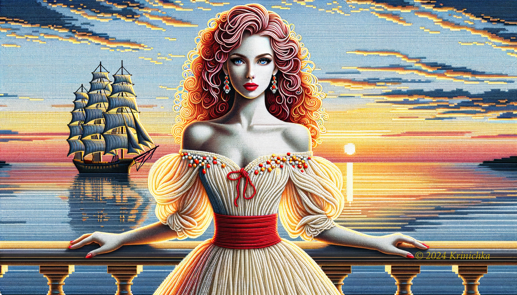 Woman with Red Curly Hair and Sailing Ship Illustration