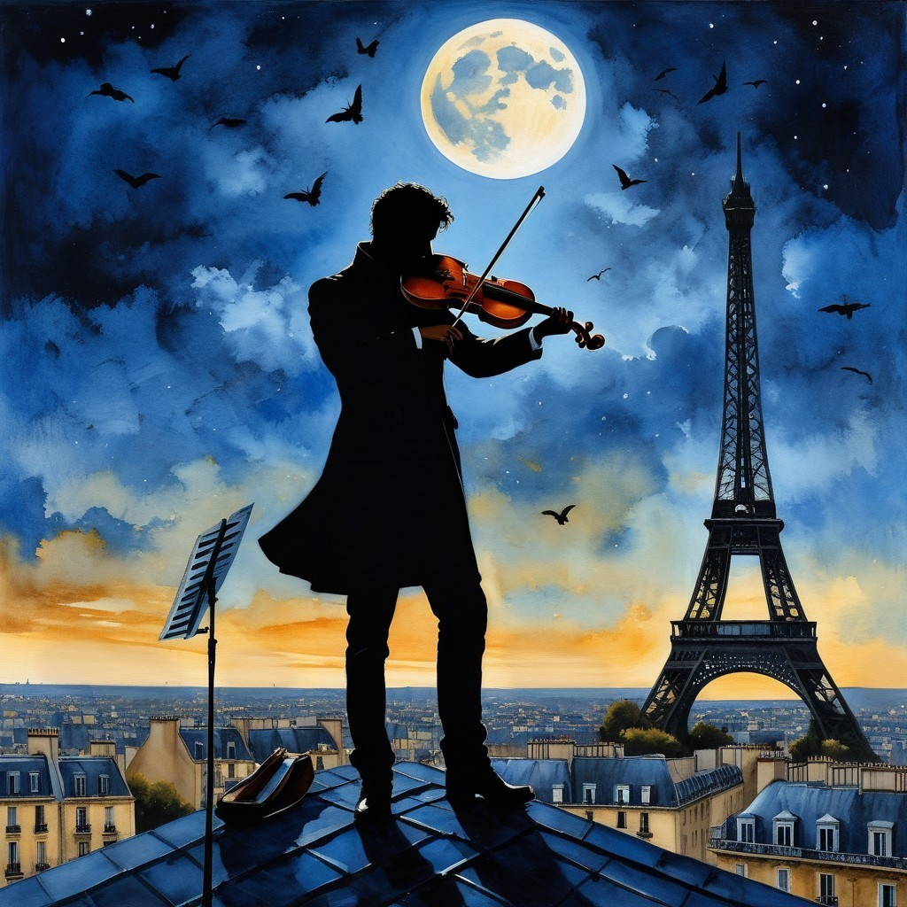 Violinist on Paris Rooftop Under Full Moon and Eiffel Tower