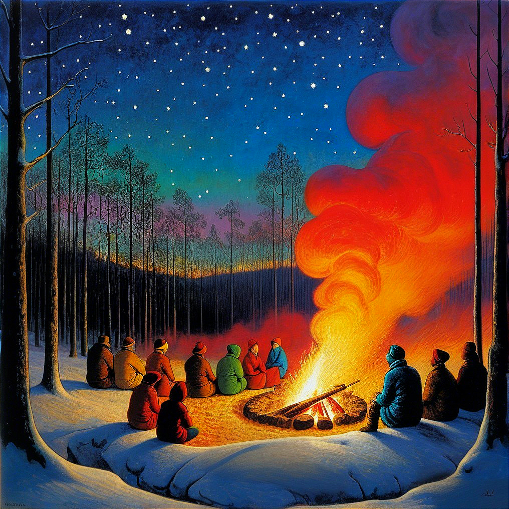 Night Scene of Campfire in a Snowy Forest