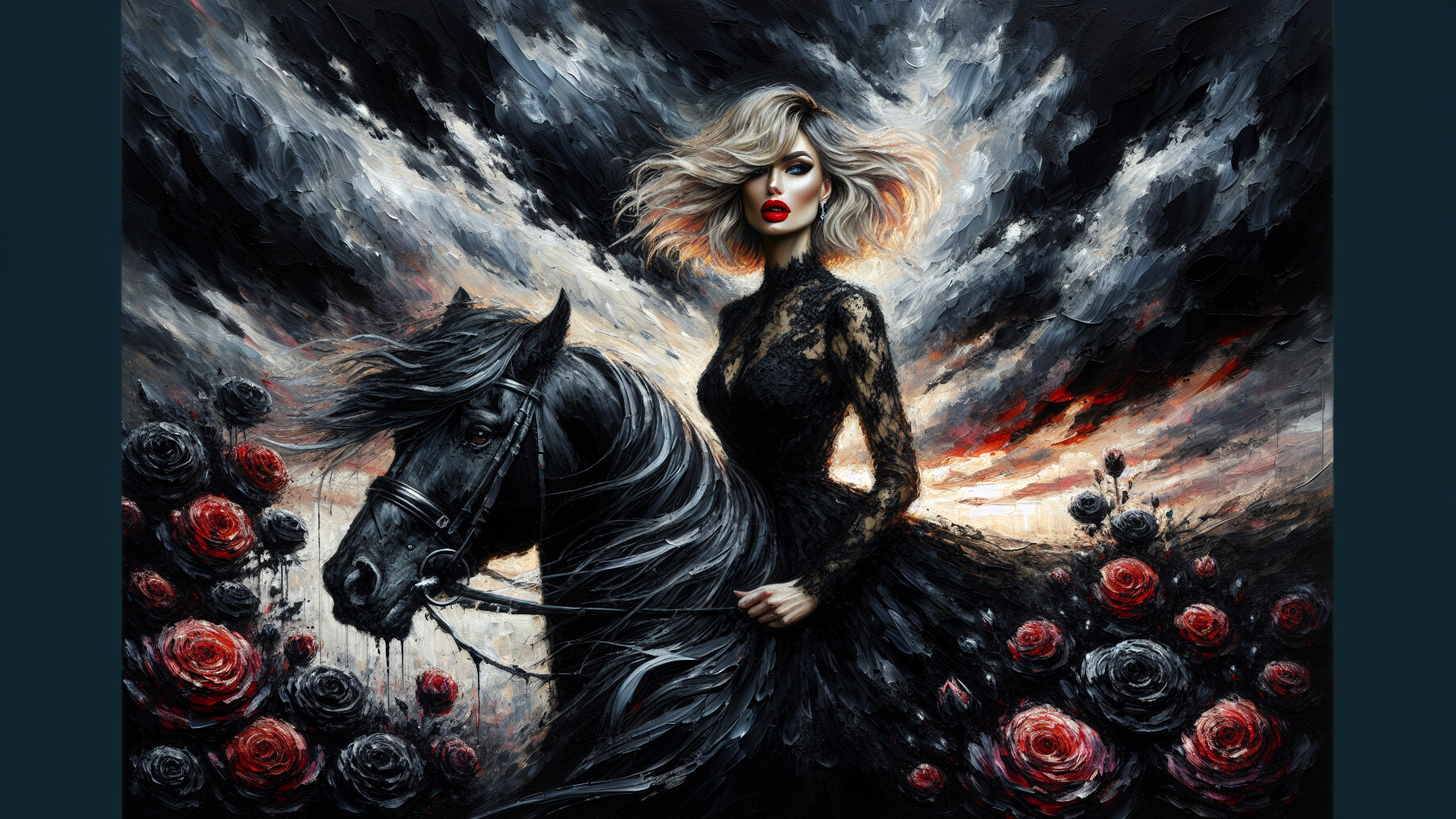 Woman in Elegant Dress Riding Black Horse at Sunset