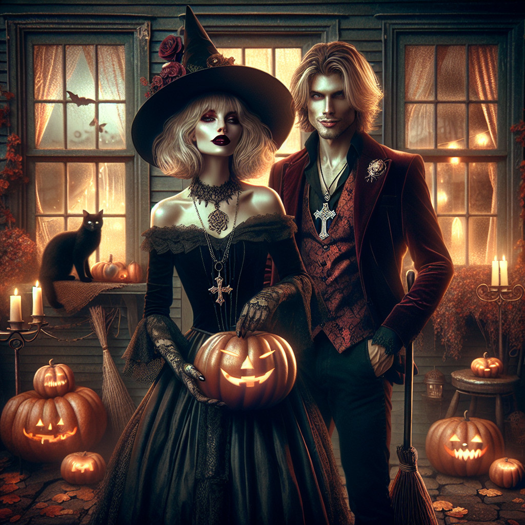 Gothic Couple in Halloween Decor with Black Cat