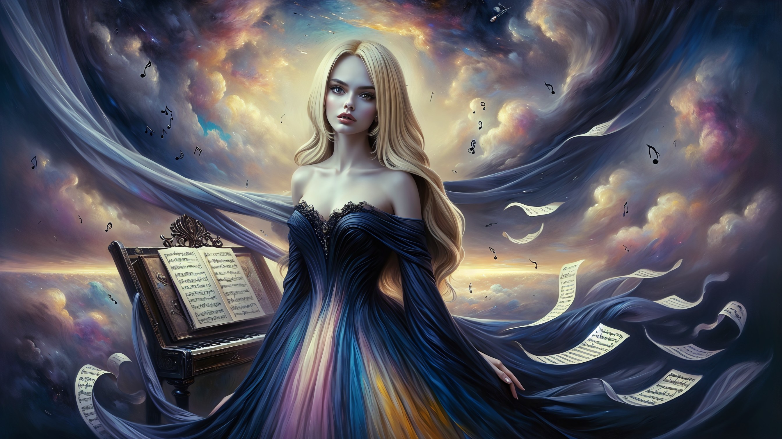 Mystical Figure in Colorful Gown with Piano Background