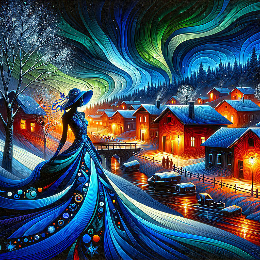 Colorful painting of woman in blue dress under starry sky above snowy village