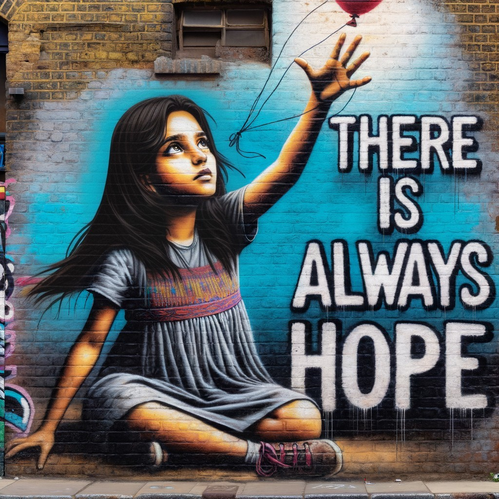 Street art mural featuring girl reaching for heart-shaped balloon with "THERE IS ALWAYS HOPE" slogan
