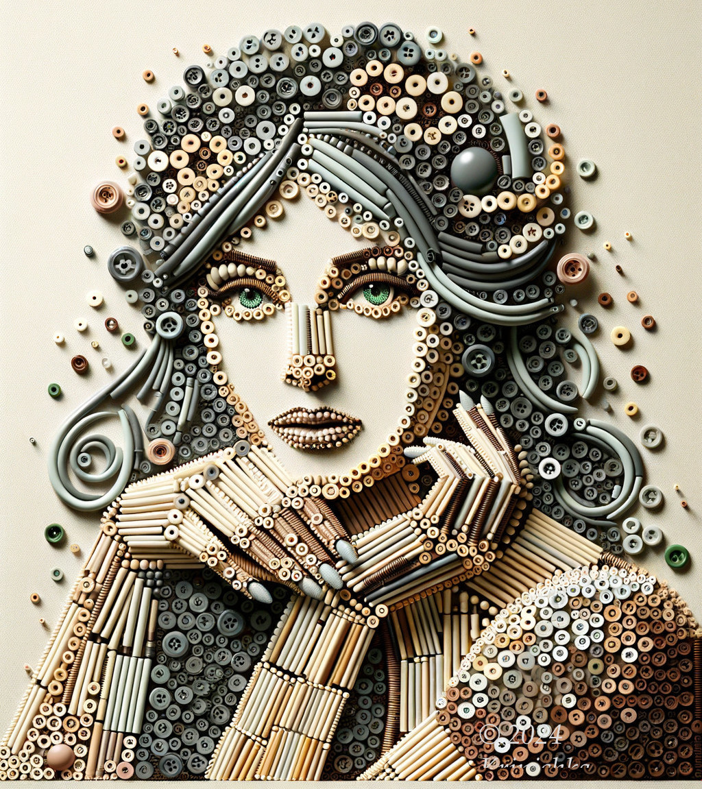 Button and sewing item portrait of woman in grayscale palette