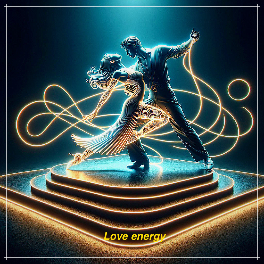 Colorful illustration: Man and woman dancing passionately under neon lights.