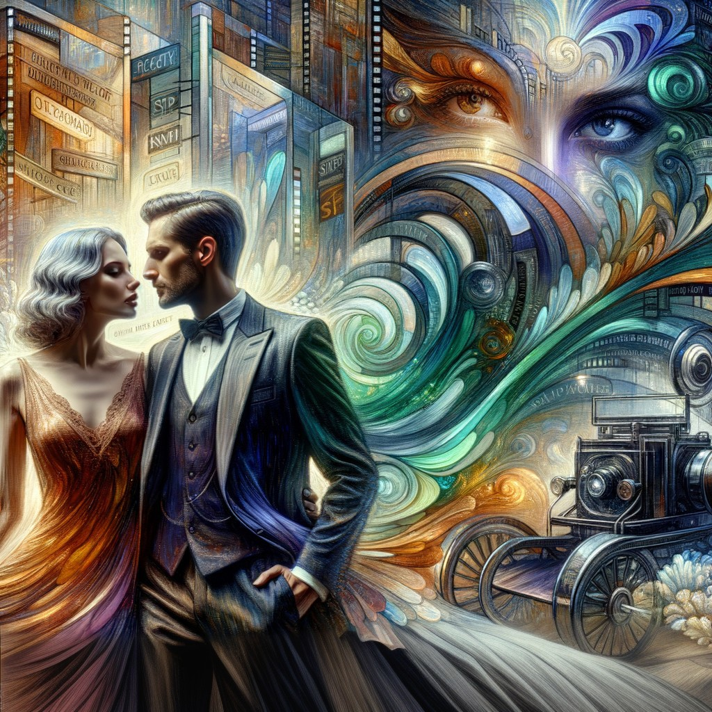 Vintage Attired Couple Embracing in Ornate Urban Setting