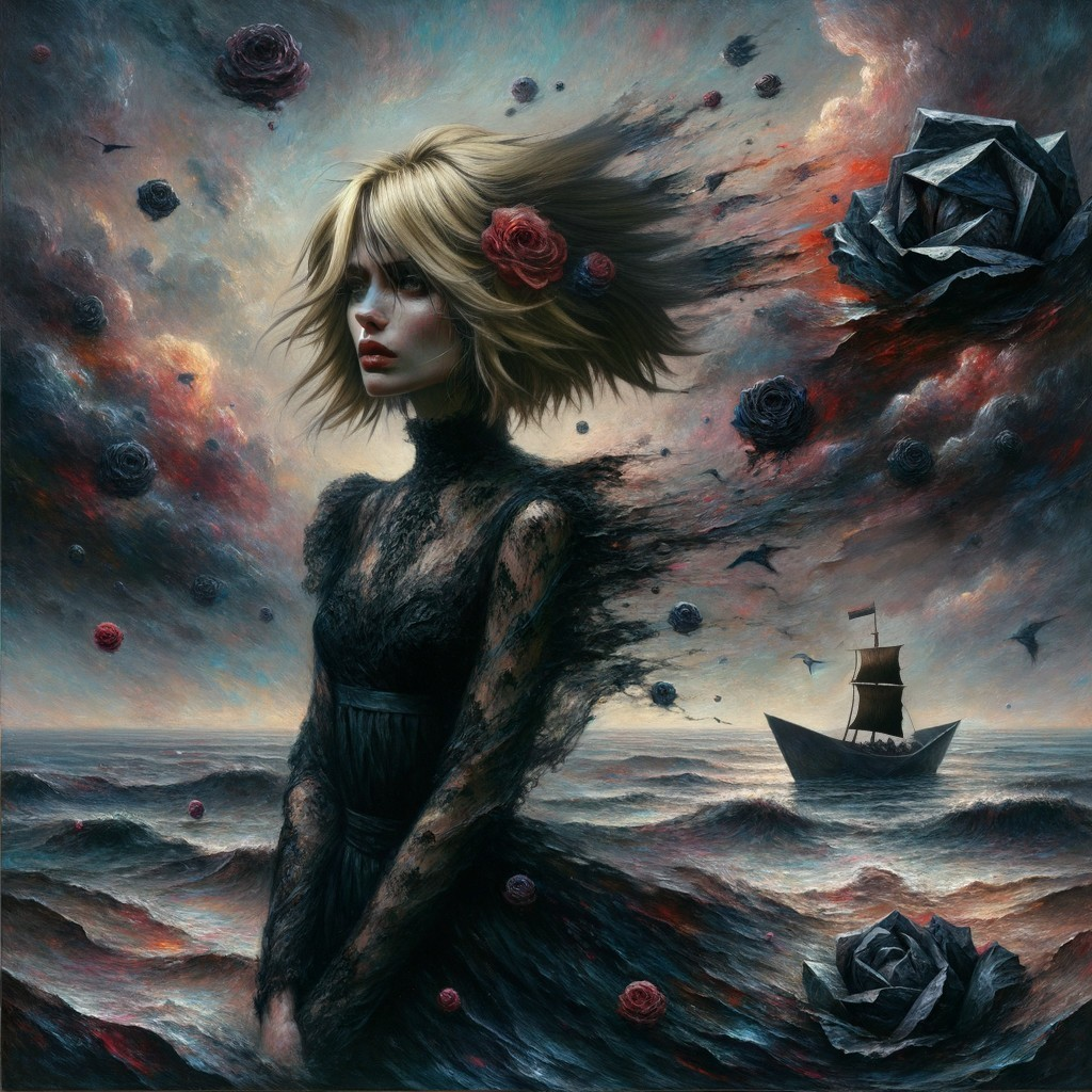Melancholic figure in dark lace dress by turbulent sea