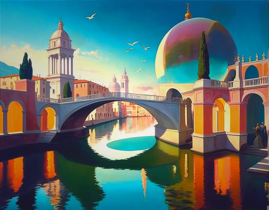 European-style city painting with classical architecture, bridge, canal, spherical structure, and serene setting.